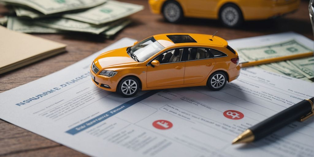 Apólice de seguro de carro com símbolos de carro e dinheiro.