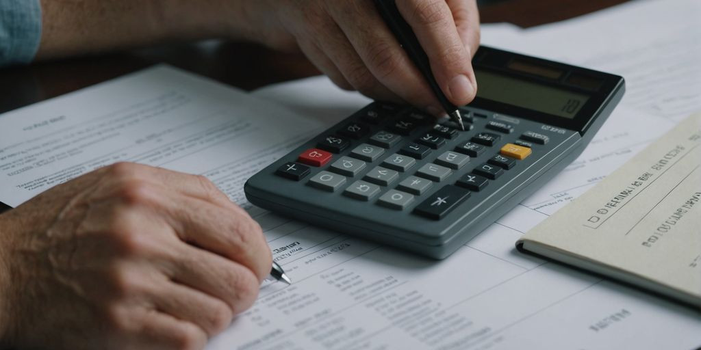 Person reviewing financial plan with calculator and pen.