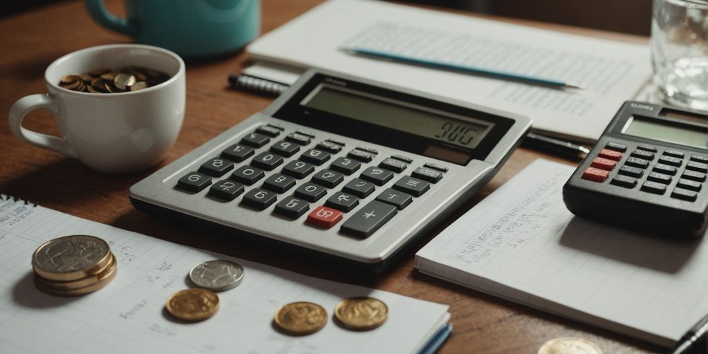 Family budgeting tools: calculator, notebook, and coins