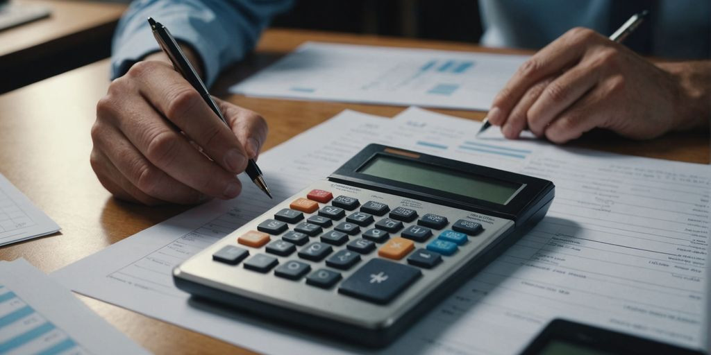 Person reviewing credit options with financial documents and calculator.