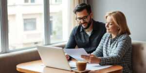 Casal revisando documentos financeiros juntos