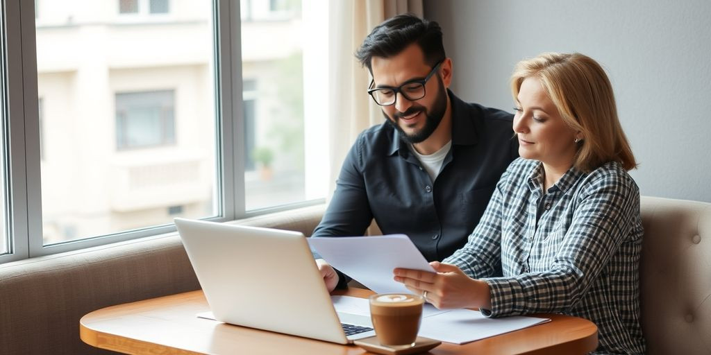 Casal revisando documentos financeiros juntos