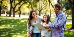 Família com agente de seguros em um parque