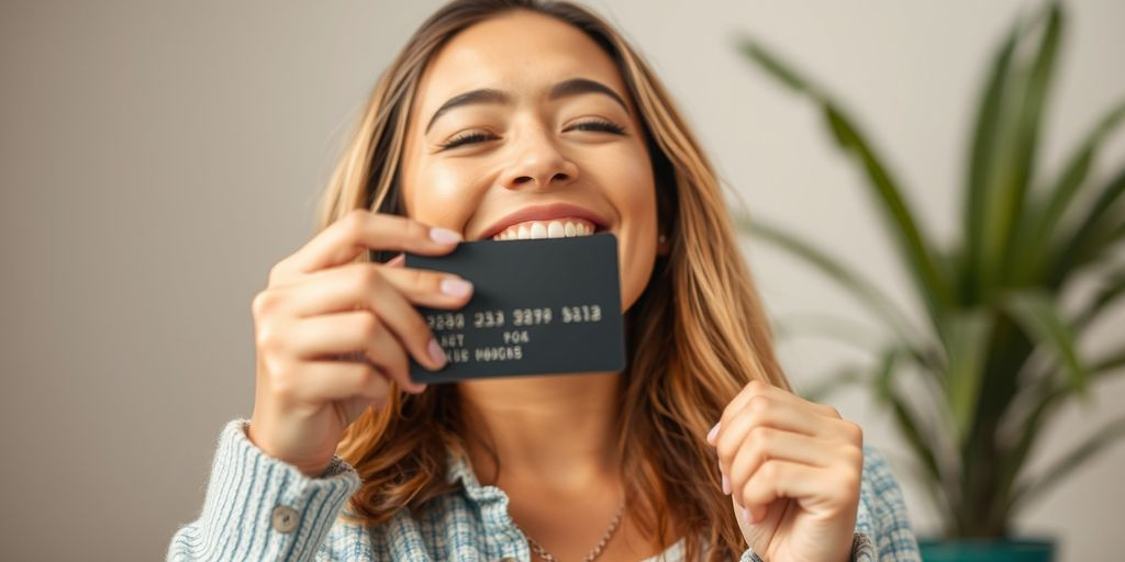 Pessoa segurando cartão de crédito sorrindo