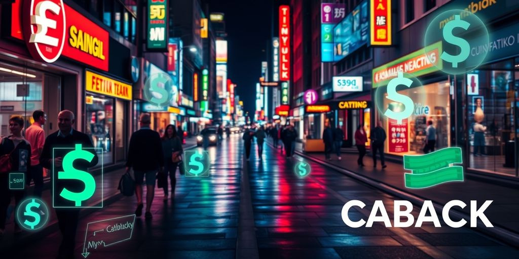 City street at night with neon lights and cashback icons.