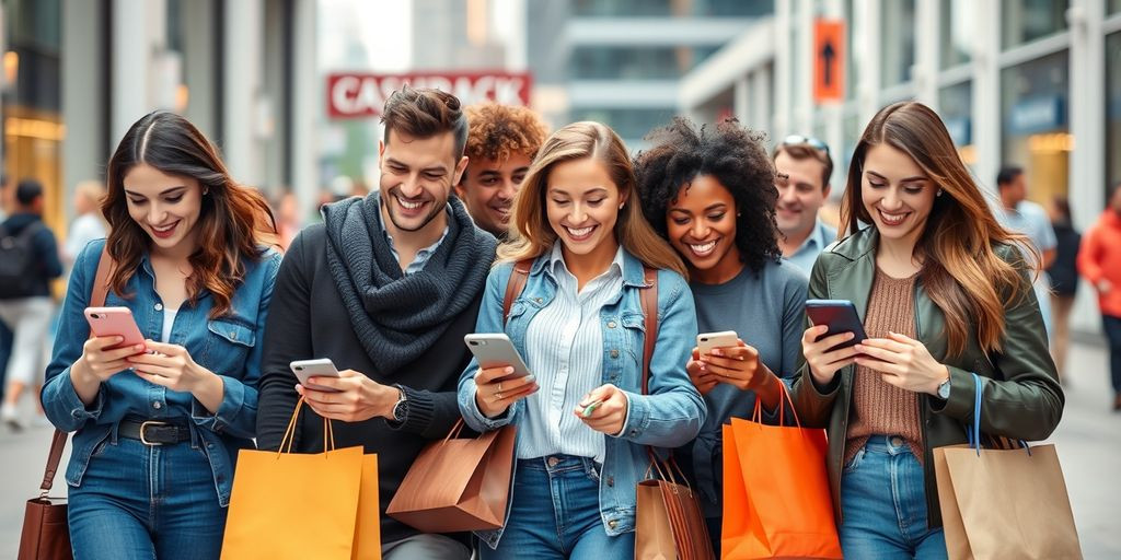People shopping with smartphones and receiving cashback notifications.