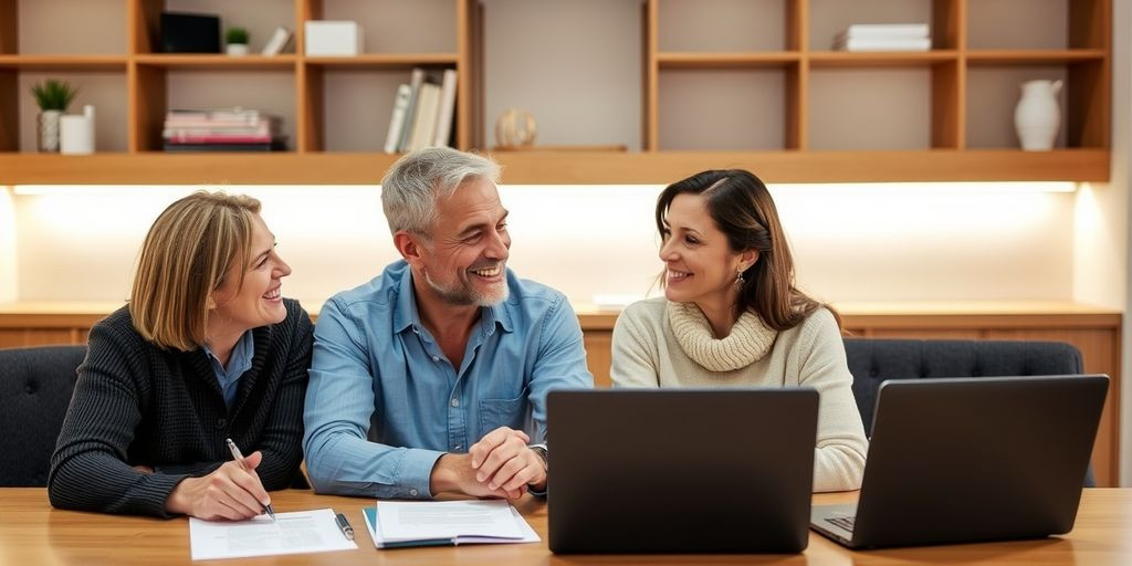 a group of people sitting at a table looking at a laptop