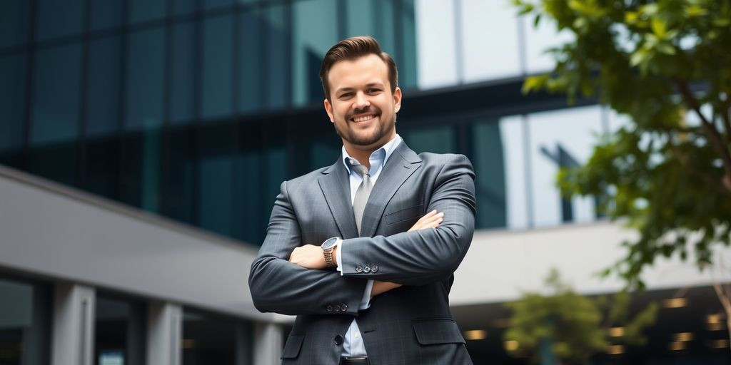 Businessperson in front of office building