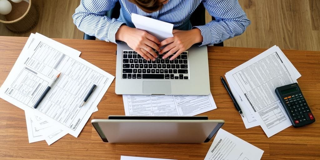 Person working on tax returns at a desk.