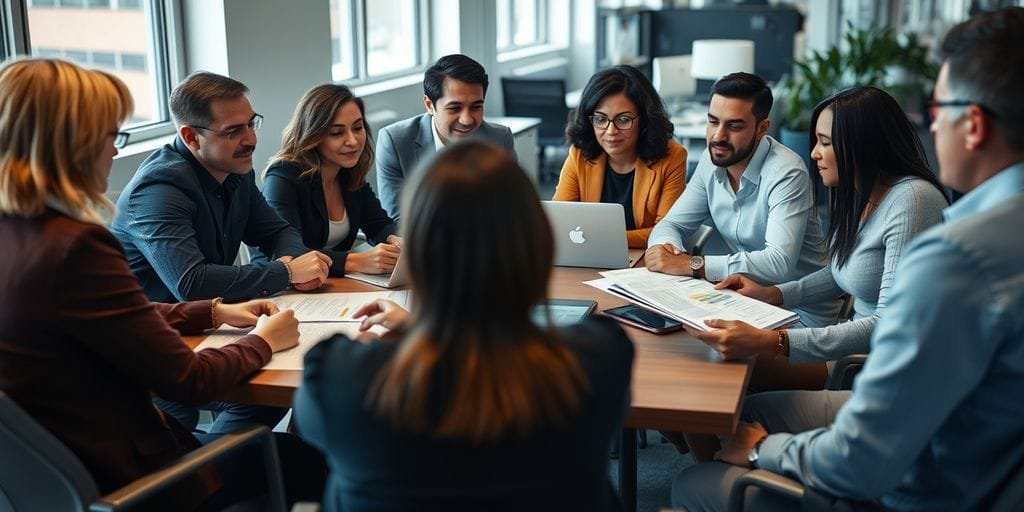 People discussing tax forms at a table