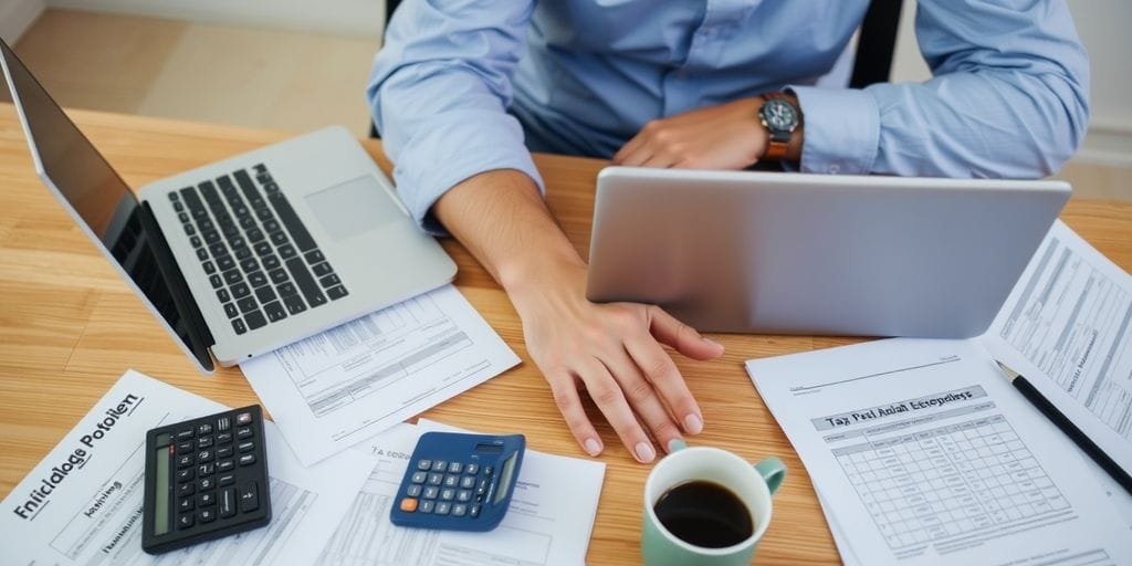 Person at desk with tax documents and laptop.