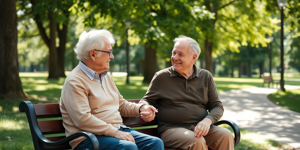 Elderly couple smiling on a park bench