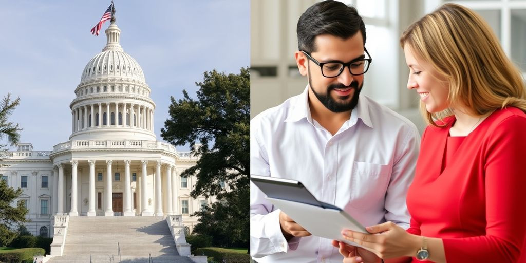 Government building and financial advisor with couple