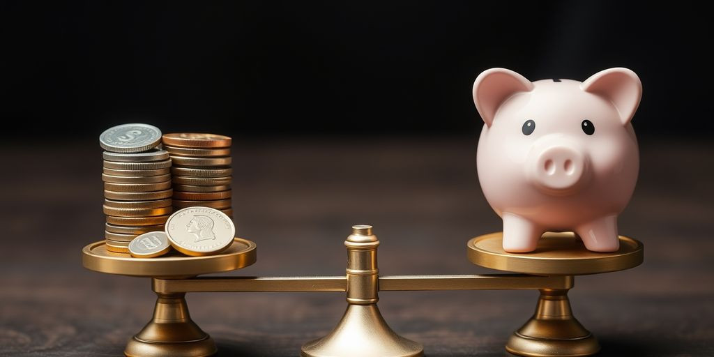 Scale with coins and piggy bank