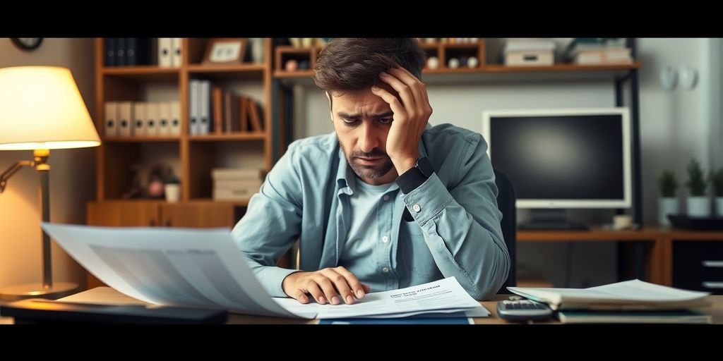 Stressed person with financial documents and calculator