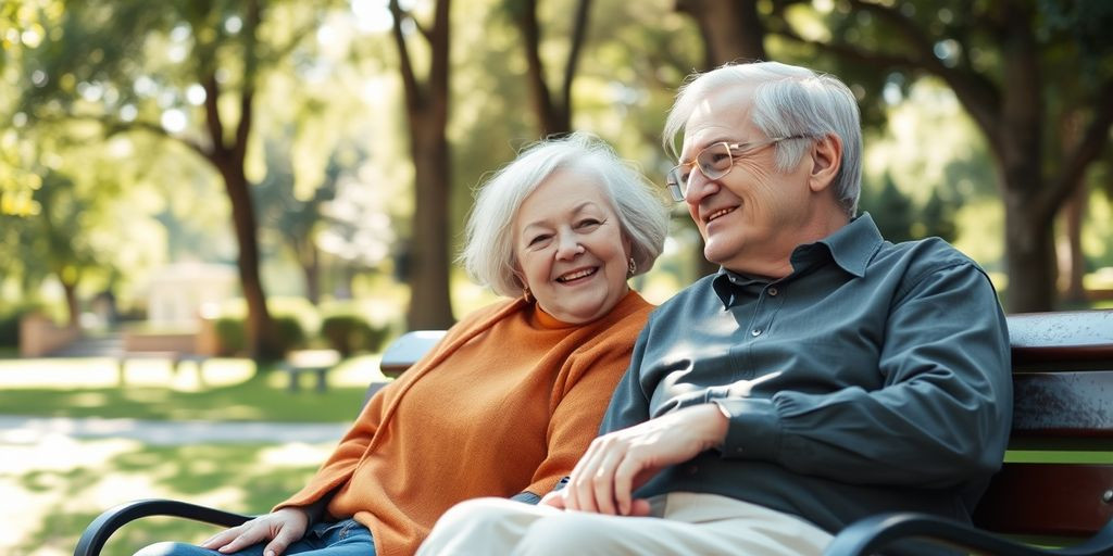 Elderly couple smiling on a park bench.