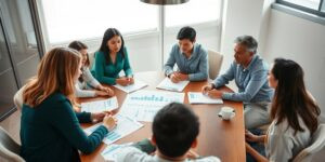 Pessoas discutindo planejamento financeiro.