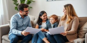 Família discutindo planos futuros com consultor.