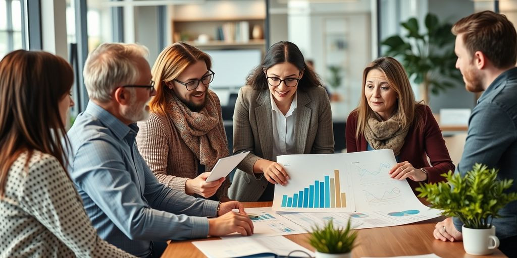 Group discussing financial planning with charts and graphs