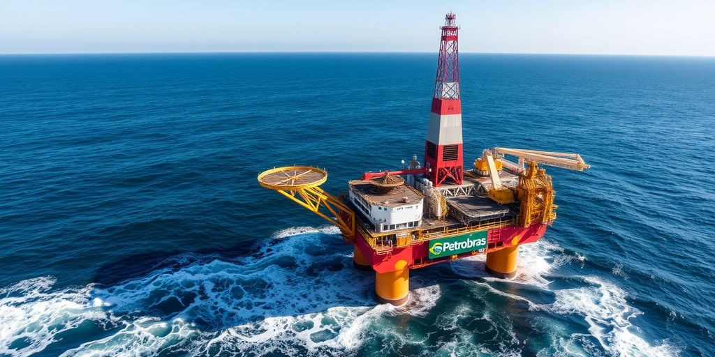 Offshore oil rig with Petrobras logo in the ocean.