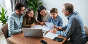 a group of people looking at papers