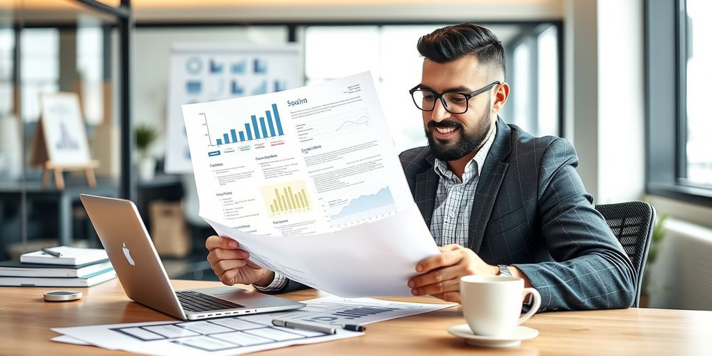 Entrepreneur reviewing business plan at modern office desk.