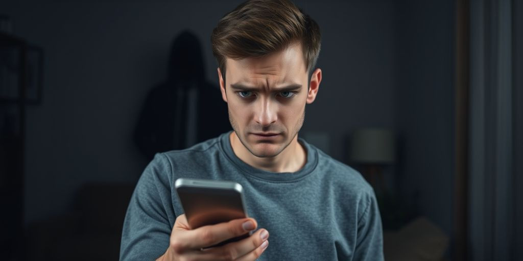 Worried person with smartphone, shadowy figure behind