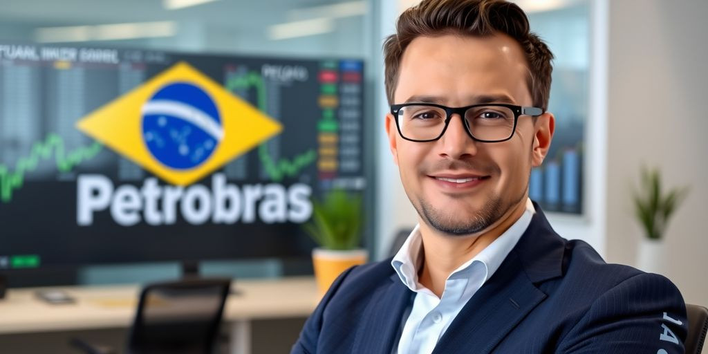 Financial analyst with Petrobras logo and stock graphs