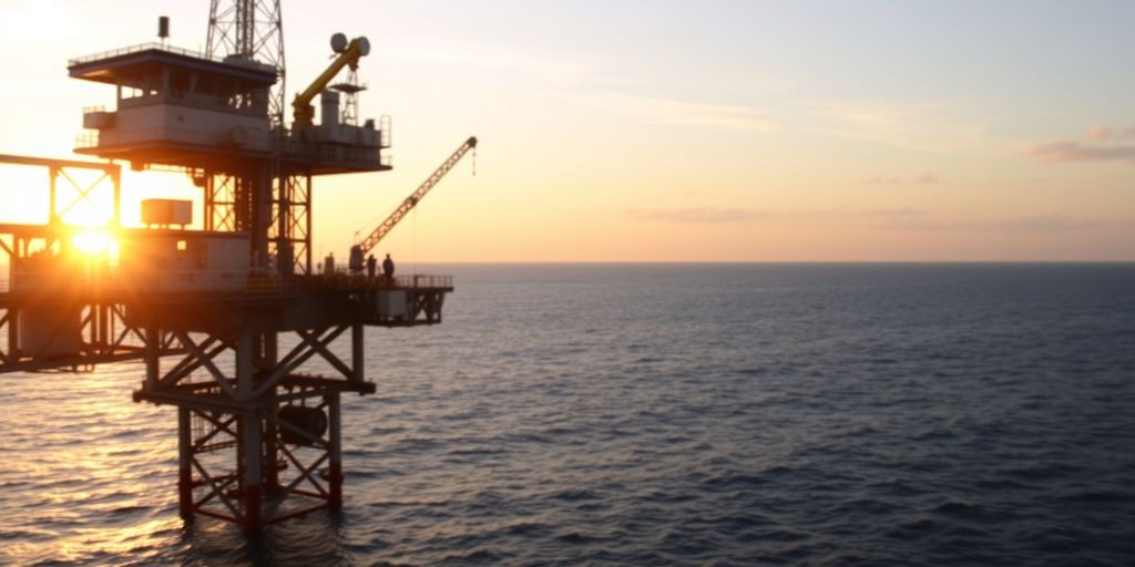 Petrobras oil rig at sunset over the ocean