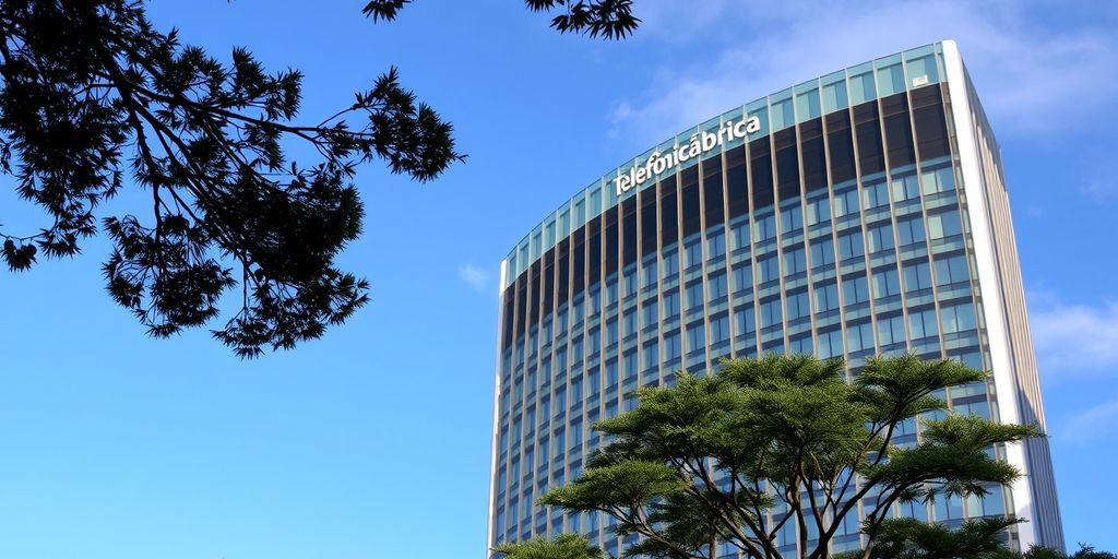 Edifício moderno da Telefônica Brasil com janelas espelhadas.