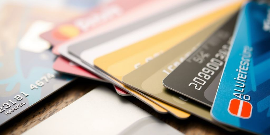 Close-up of various colorful credit cards fanned out.