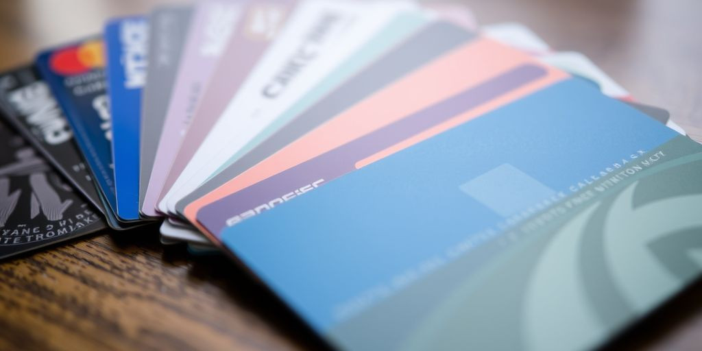 Various credit cards fanned out on a table.