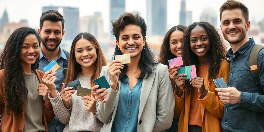People holding credit cards in a city
