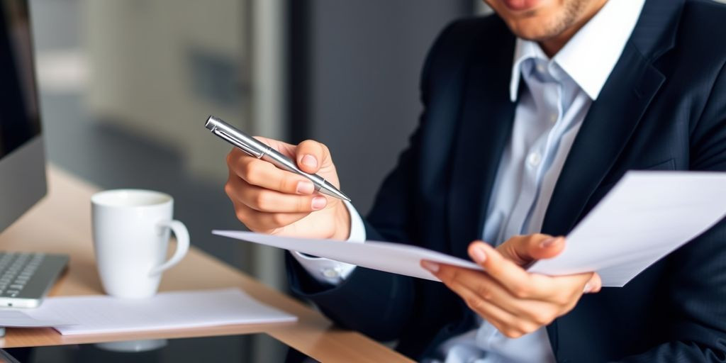 Person at desk with pen and paper.