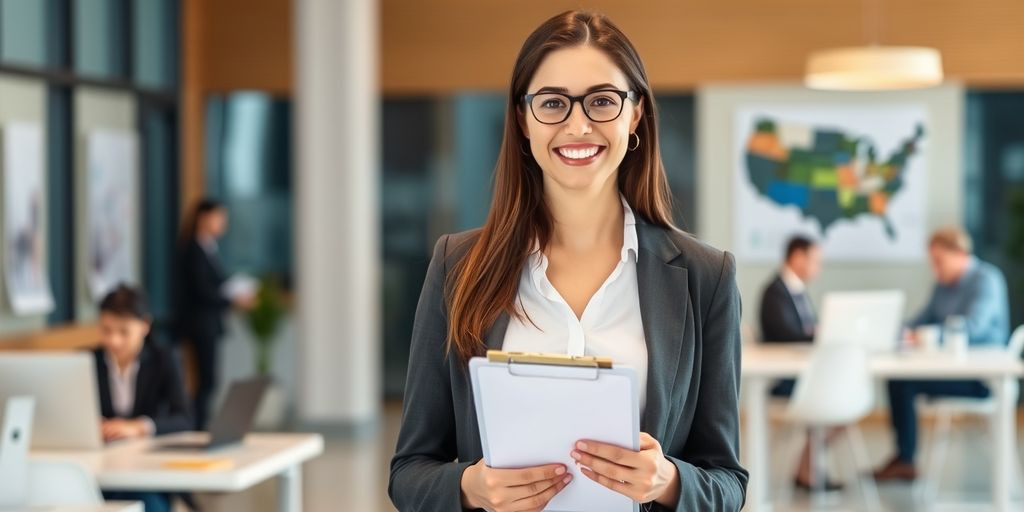 Professional woman with clipboard in office