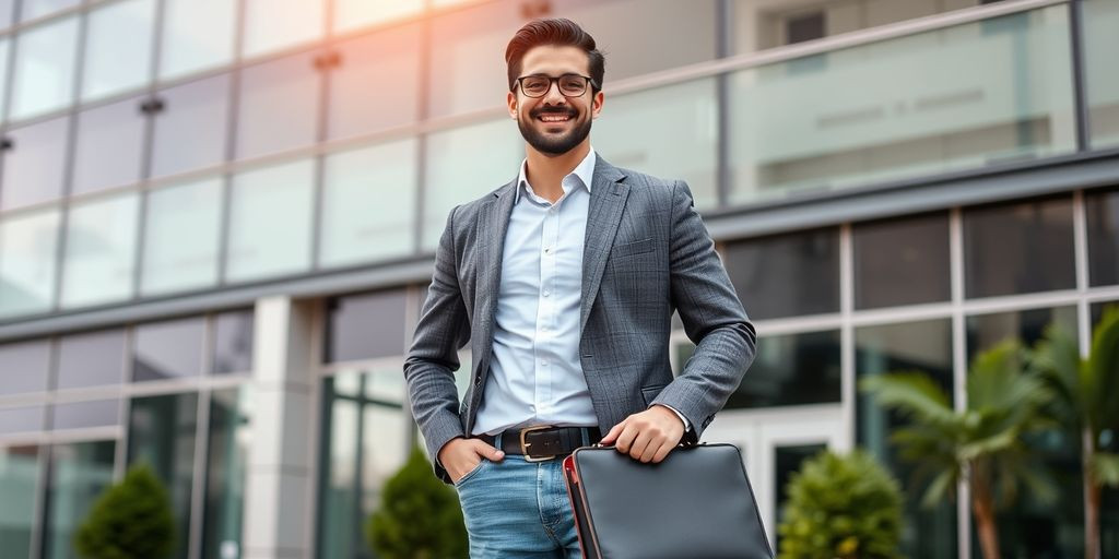 Entrepreneur smiling in front of modern office building