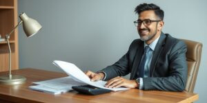 Trabalhador sorridente com documentos e calculadora.