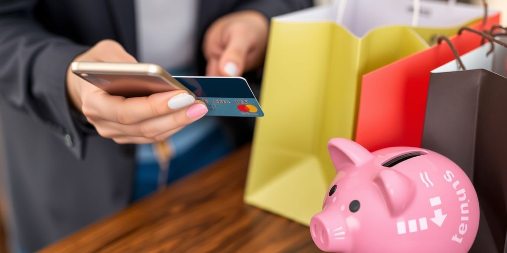 Person holding credit card and smartphone with shopping bags.