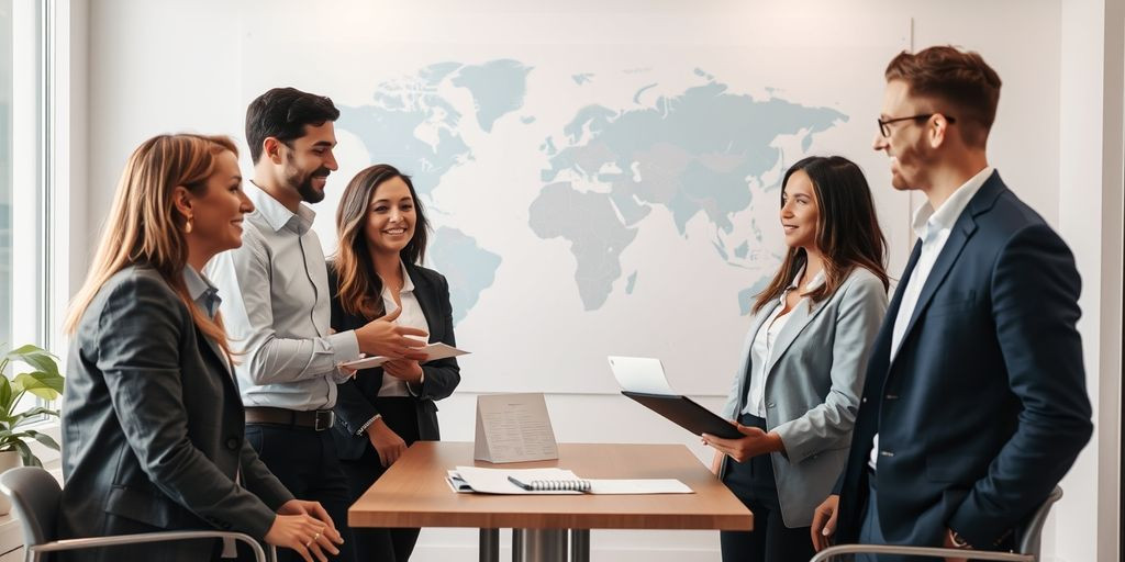 Business team discussing global expansion strategies.