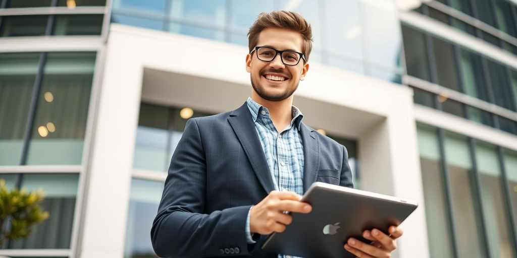 Confident entrepreneur with tablet in front of office building