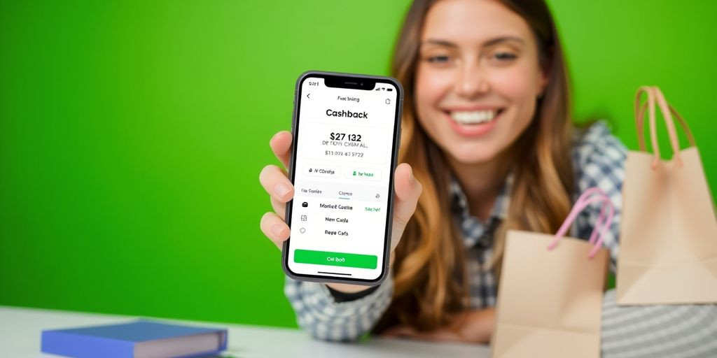 Person with cashback app, shopping bags, and credit card
