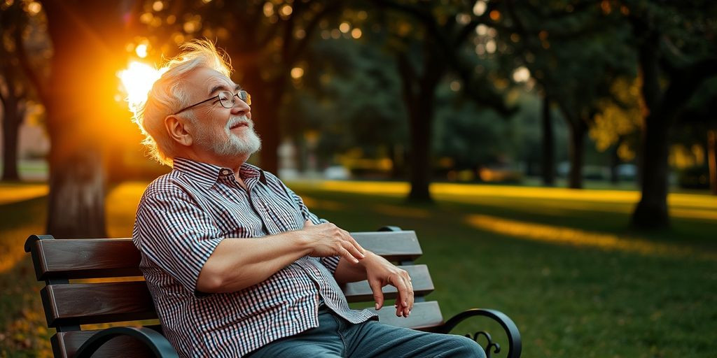 Casal idoso feliz no parque ao pôr do sol.
