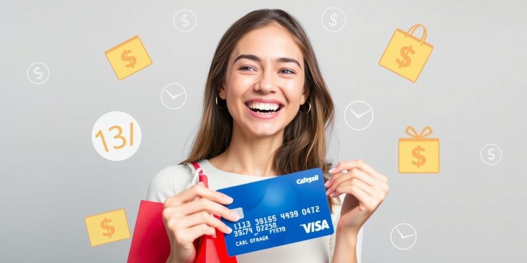 Person holding credit card with cashback rewards icons.