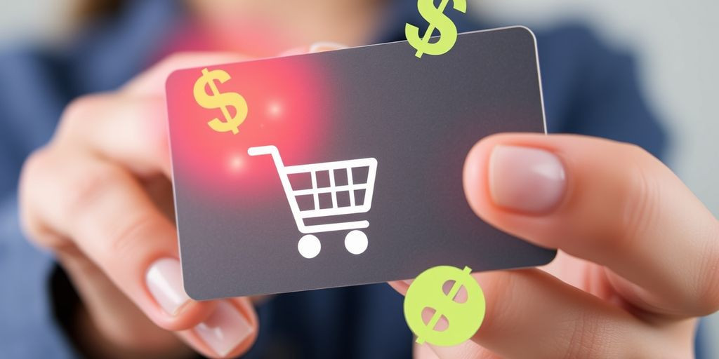 Person holding credit card with cashback symbols