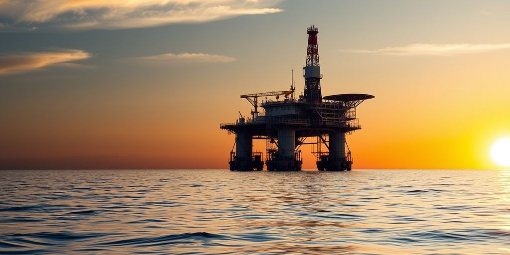 Plataforma de petróleo offshore ao pôr do sol