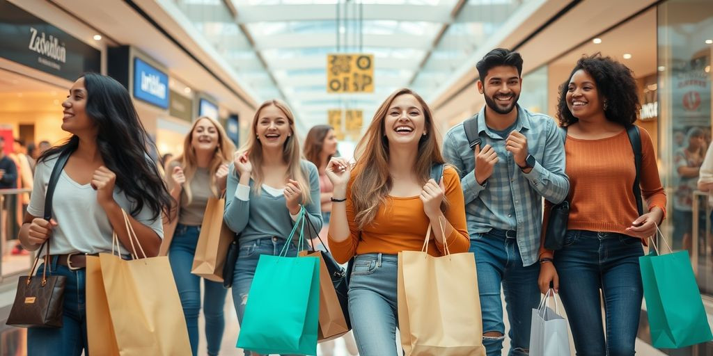 People shopping happily with bags in a mall.