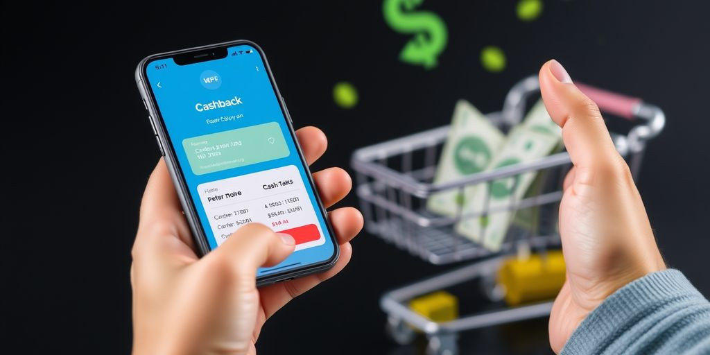 Smartphone showing cashback app with shopping cart