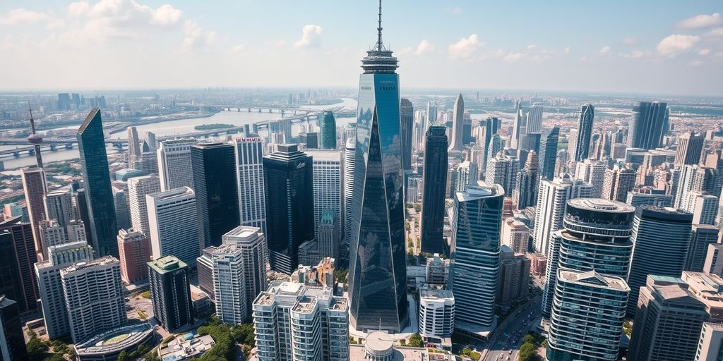 Cityscape with skyscrapers and 5G technology infrastructure.
