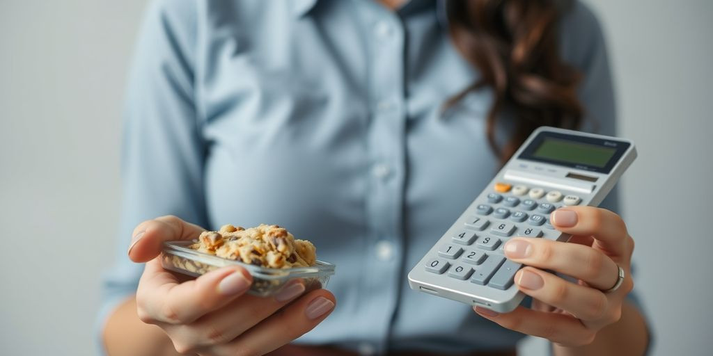 Pessoa com cofrinho e calculadora nas mãos