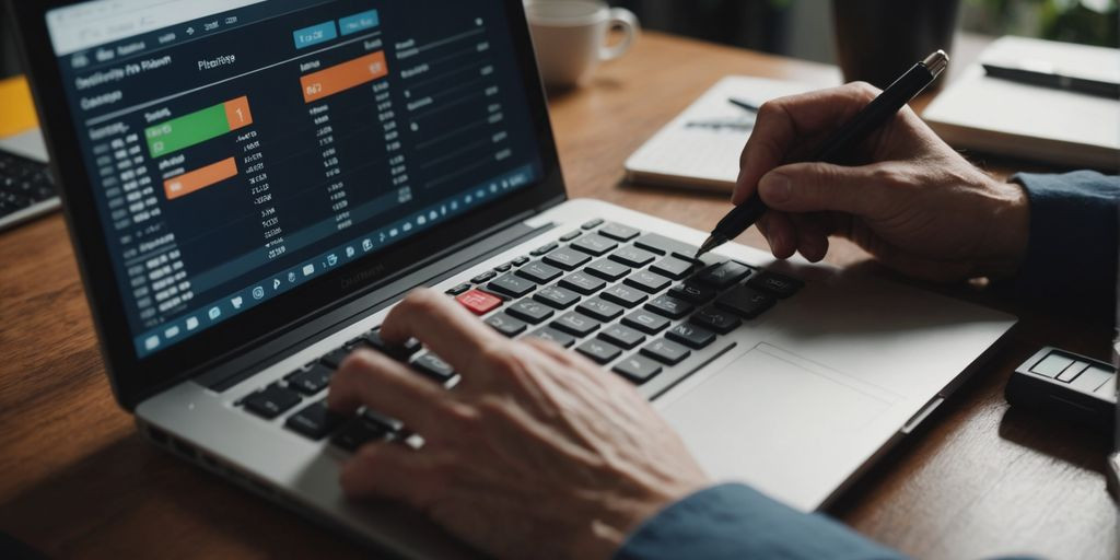 Person using calculator and laptop for financial planning.